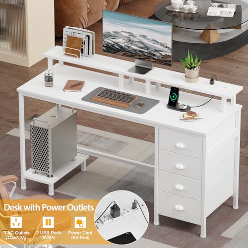 Furologee 47" Computer Gaming Desk with Monitor Stand, 4 Fabric Drawers & Power Outlets, Rustic Brown U645888