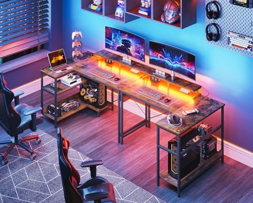 ODK 48 Inch L Shaped Gaming Desk with USB Charging Ports and LED Lights S136