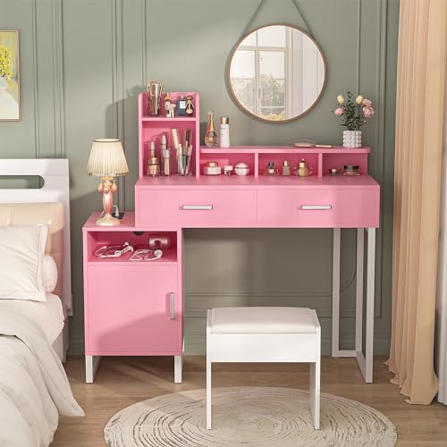 White Vanity Desk with Power Outlet and Storage Y378