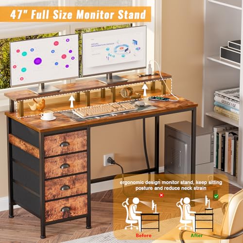 Furologee 47" Computer Gaming Desk with Monitor Stand, 4 Fabric Drawers & Power Outlets, Rustic Brown U645888