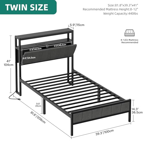 YITAHOME Queen Bed Frame with Storage Headboard, LED, Charging Station, Gray X281055