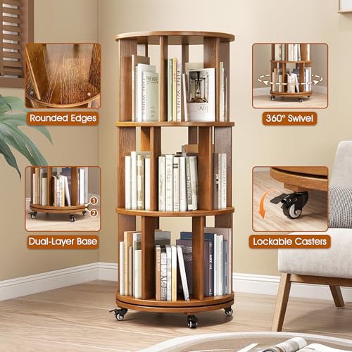 6 Tier Rotating Bookshelf Tower with Swivel Wheels, Solid Wood, Walnut B588