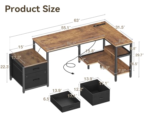Casaottima 55 Inch L Shaped Desk with Drawers & File Cabinet, Rustic Brown B7734