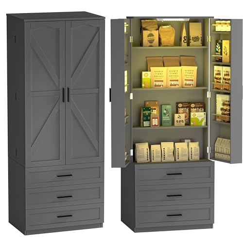 72" LED Kitchen Pantry Cabinet with 3 Drawers and Barn Doors U97073