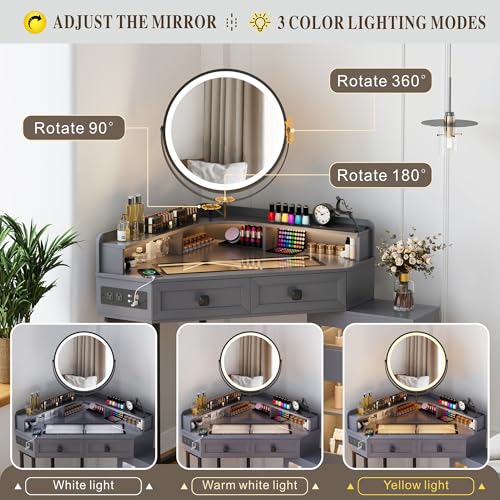 White Corner Vanity Desk with Mirror and Lights I97733