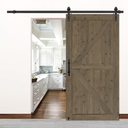 S&Z TOPHAND® 20 in x 84 in Elephant Gray British Brace Knotty Barn Door with 4FT Sliding Hardware Kit G149446