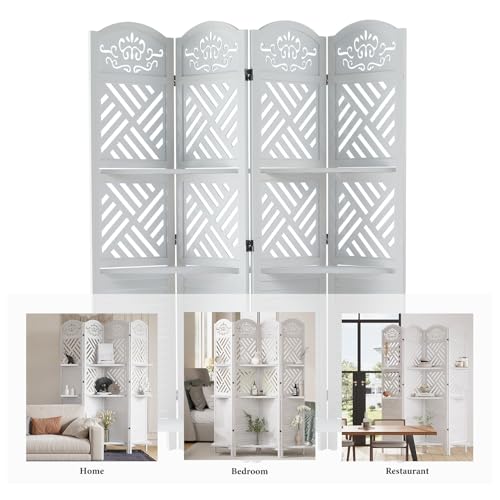 Folding Wood Room Divider with Shelves, 6 Panels, Natural K301