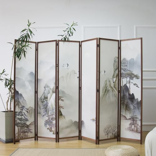 6 Panel Room Divider Screen, Double Faced, Mountain Landscape, 67" H x 94.5" W B114