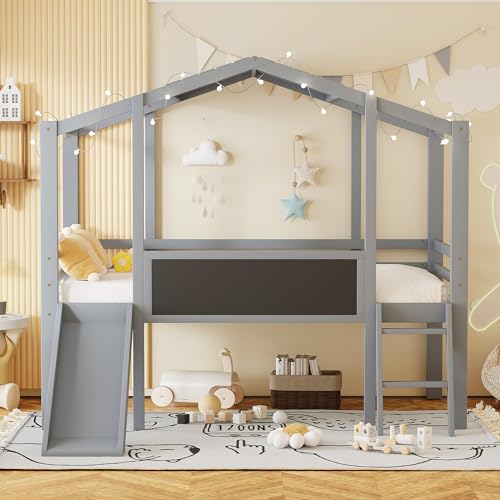 Harper & Bright Designs Kids Twin Low Loft Bed with Slide, Storage Shelves & Stairs, White/Pink C414827