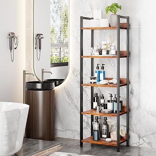 Furologee 5 Tier Bookshelf with Drawer, Industrial Tall Narrow Bookcase, Black T883828