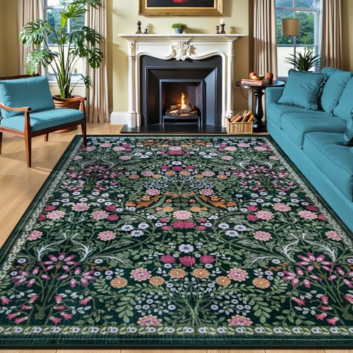8x10 Floral Washable Area Rug for Living Room, Vintage Soft Non-Slip Carpet Z978379