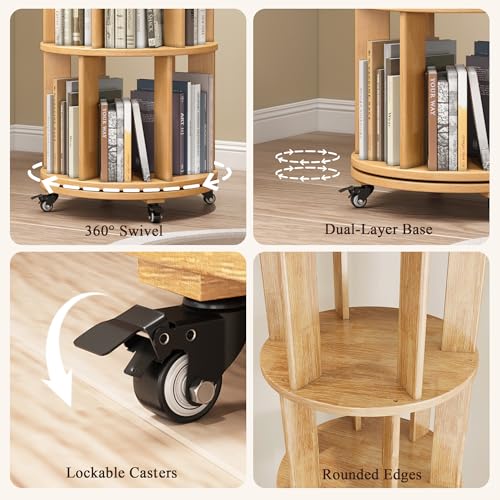 6 Tier Rotating Bookshelf Tower with Swivel Wheels, Solid Wood, Walnut B588