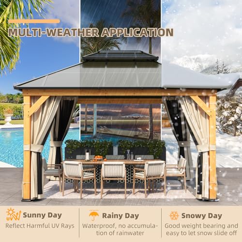 YOLENY 10'x13' Hardtop Gazebo with Aluminum Frame and Curtains F853