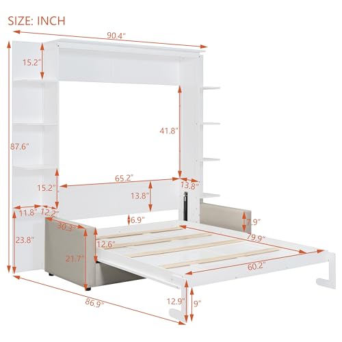 PURLOVE Queen Murphy Bed with Sofa, Wood Slat Support, Gray E27008