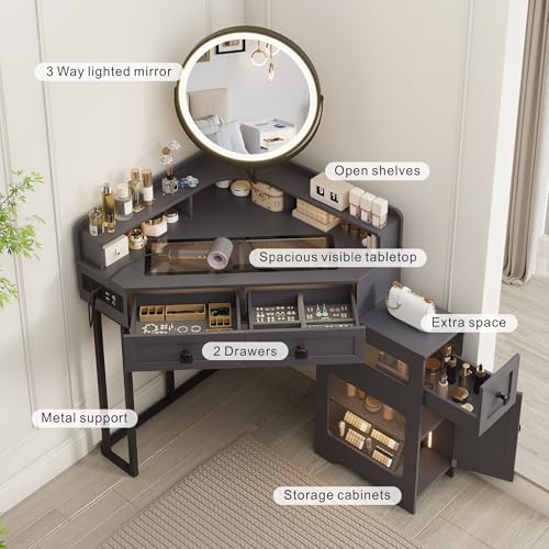 White Corner Vanity Desk with Mirror and Lights I97733