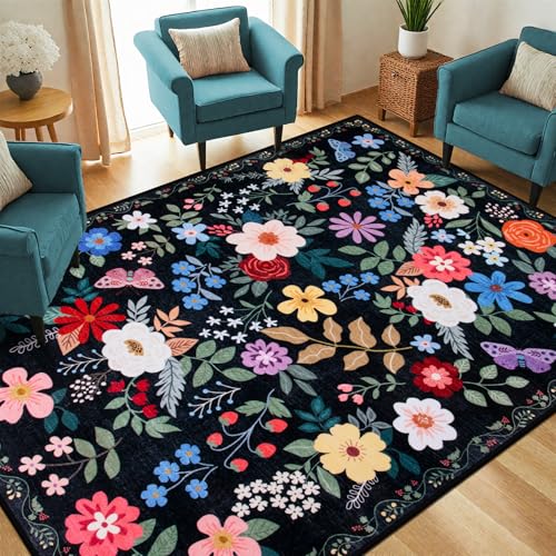 8x10 Floral Washable Area Rug for Living Room, Vintage Soft Non-Slip Carpet Z978379