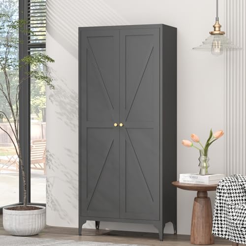 GREATMEET 65" Tall Kitchen Pantry Cabinet, White Metal Farmhouse Cupboard with Adjustable Shelves D202