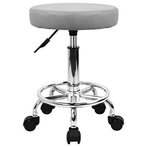 KKTONER PU Leather Round Rolling Stool with Foot Rest Swivel Height Adjustment (Pink) Q8561