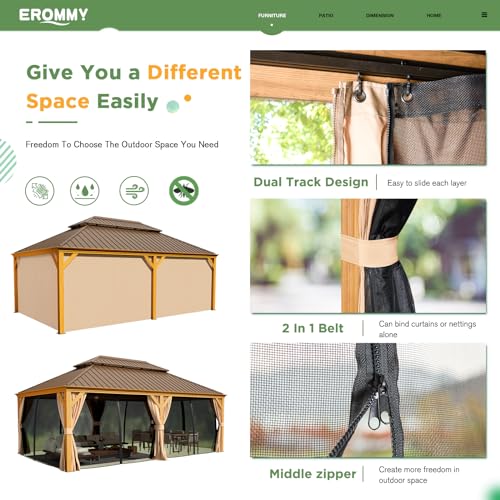 EROMMY 14'x20' Hardtop Gazebo Double Roof Galvanized Steel Outdoor Pavilion G3084