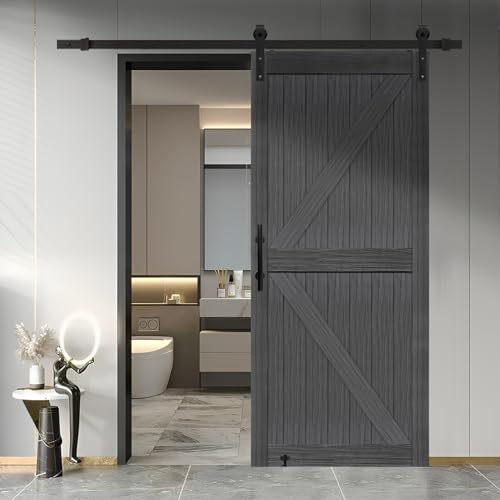 S&Z TOPHAND® 20 in x 84 in Elephant Gray British Brace Knotty Barn Door with 4FT Sliding Hardware Kit G149446
