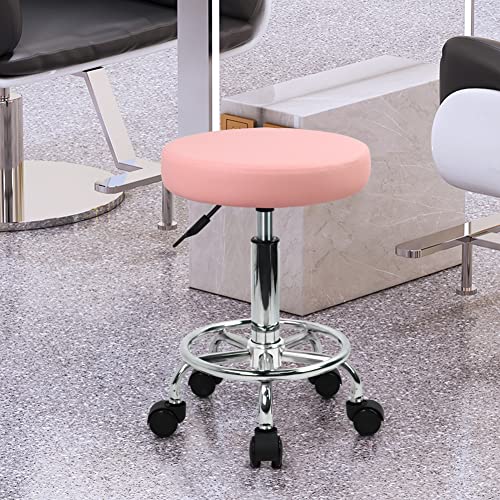 KKTONER PU Leather Round Rolling Stool with Foot Rest Swivel Height Adjustment (Pink) Q8561