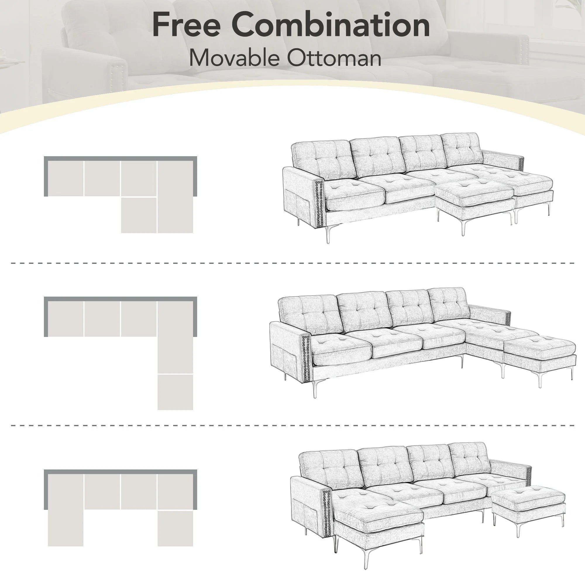 Soges U-Shaped Sectional Sofa with Ottoman, Gray, 110"x54" O53345