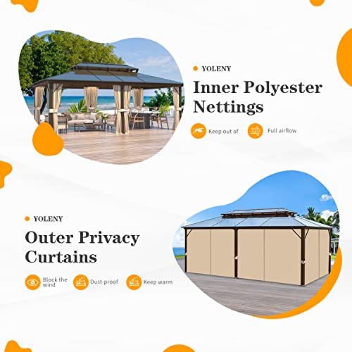YOLENY 10'x13' Hardtop Gazebo with Aluminum Frame and Curtains F853