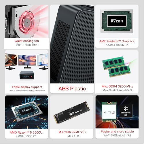 Beelink SER5 Mini PC, AMD Ryzen 5 5500U, 16GB RAM 500GB SSD, 4K Triple Display V104763
