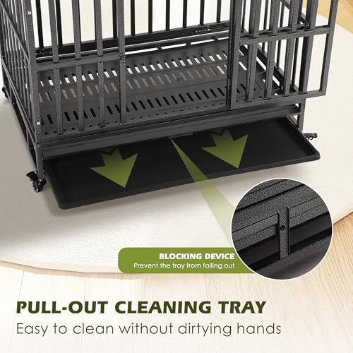 Heavy Duty Folding Dog Crate for Large Dogs, 38 Inch with Lockable Wheels and Double Door W312686