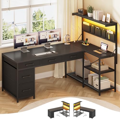 Itaar L Shaped Gaming Desk with LED Lights and Storage, Black P62712