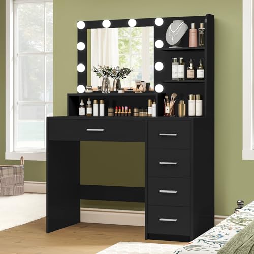 Quimoo Makeup Vanity Desk with Mirror & Lights, 5 Drawers, White Y954