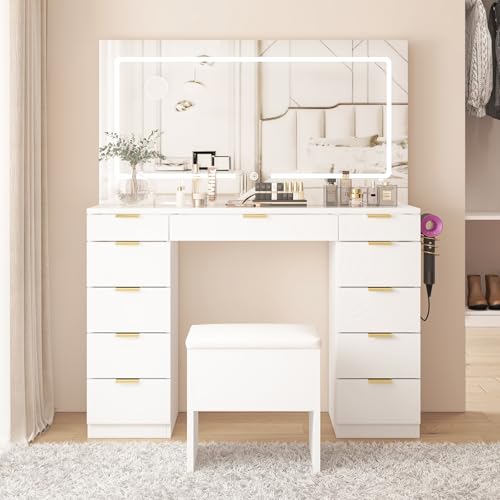 Farmhouse Vanity Desk with Lighted Mirror & Stool, 8 Shelves, 5 Drawers L80251