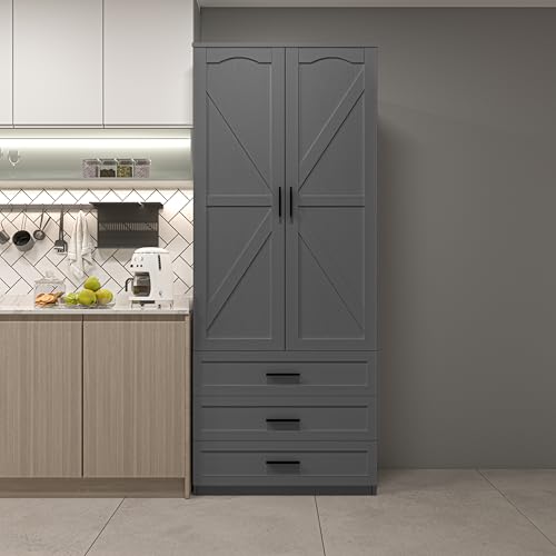 72" LED Kitchen Pantry Cabinet with 3 Drawers and Barn Doors U97073