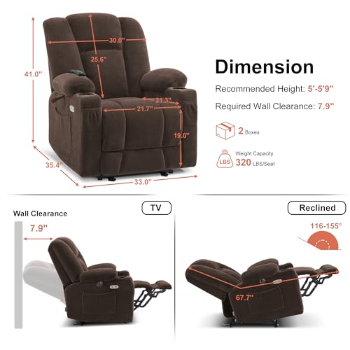 MCombo Zero Gravity Power Recliner Chair with Heat and Vibration Massage, USB & Type C Ports, Cup Holders, Fabric 8015 (Brown) Z599462