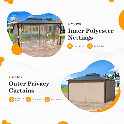 YOLENY 10'x13' Hardtop Gazebo with Aluminum Frame and Curtains F853