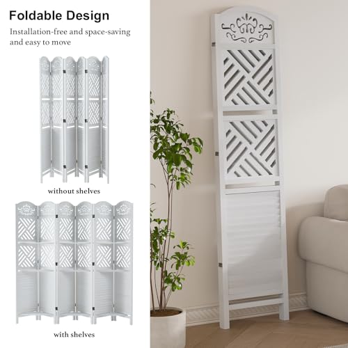 Folding Wood Room Divider with Shelves, 6 Panels, Natural K301