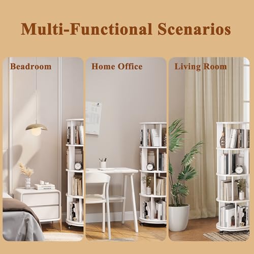 6 Tier Rotating Bookshelf Tower with Swivel Wheels, Solid Wood, Walnut B588