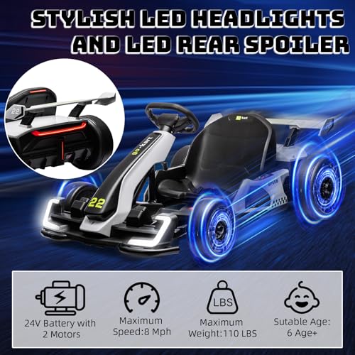 24V Kids Go Kart 300W Electric Drift Kart Car with Adjustable Seat, White X99654