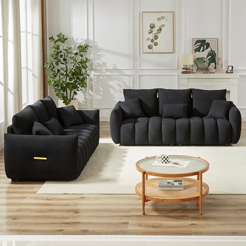 Teddy Cloud Sofa Couch, Boucle 3 Seater with 3 Pillows, Black T90422