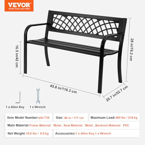 VEVOR Outdoor Metal Garden Bench with Backrest and Armrests, 46 Inches, 480 lbs Capacity N358