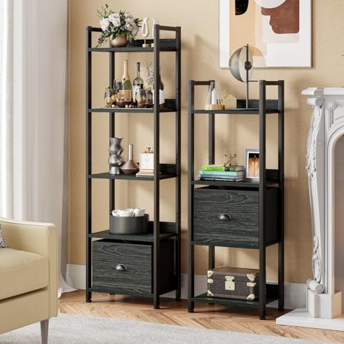 Furologee 5 Tier Bookshelf with Drawer, Industrial Tall Narrow Bookcase, Black T883828
