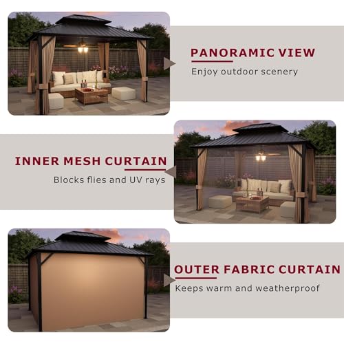 10'x12' Hardtop Gazebo with Galvanized Steel Roof and Privacy Curtains B7308