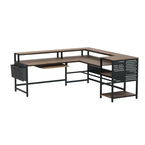 SEDETA L Shaped Gaming Desk with Power Outlets & LED Strip, Black U65690