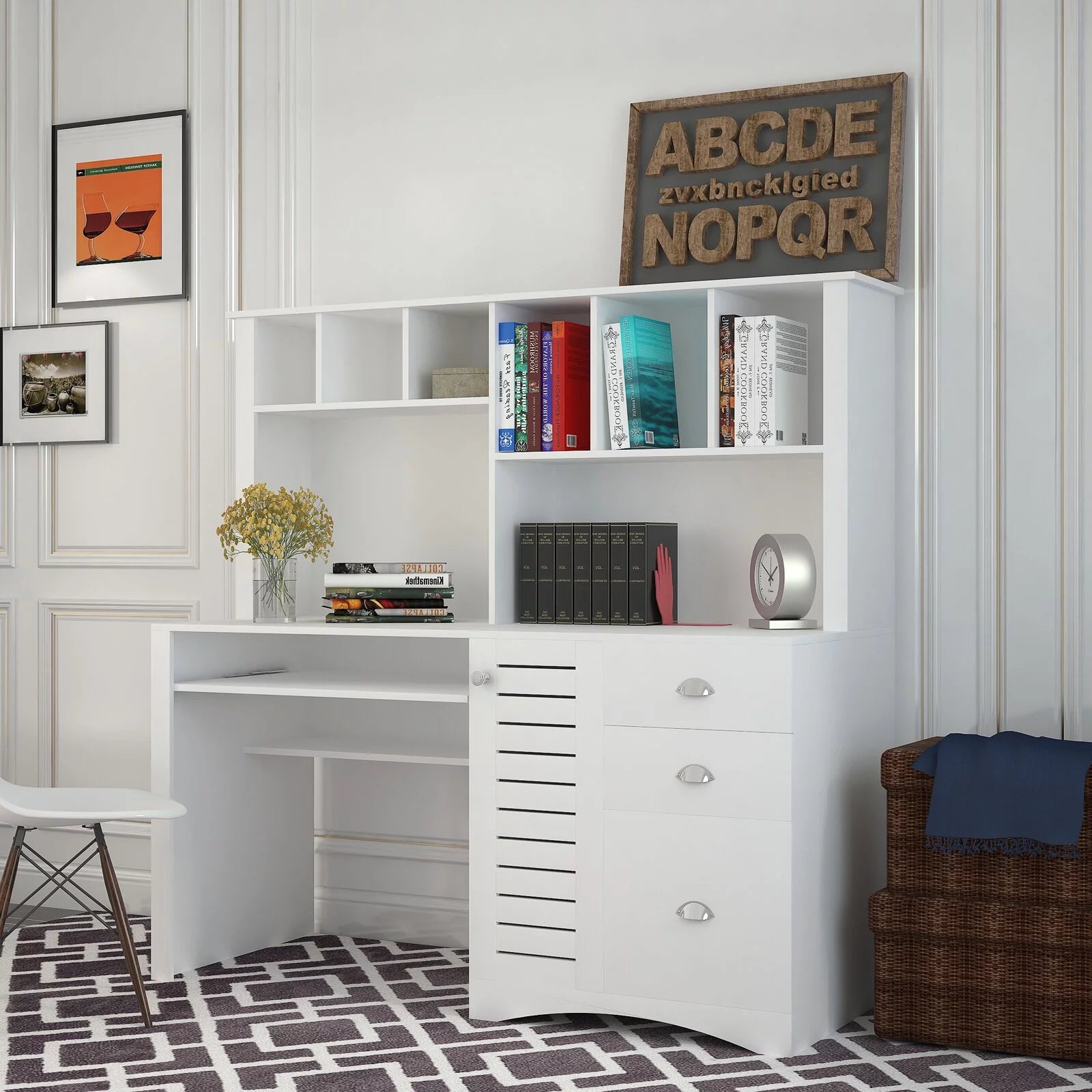 Holaki Computer Desk And Hutch With CPU Storage And Keyboard Drawer, Antiqued White Finish