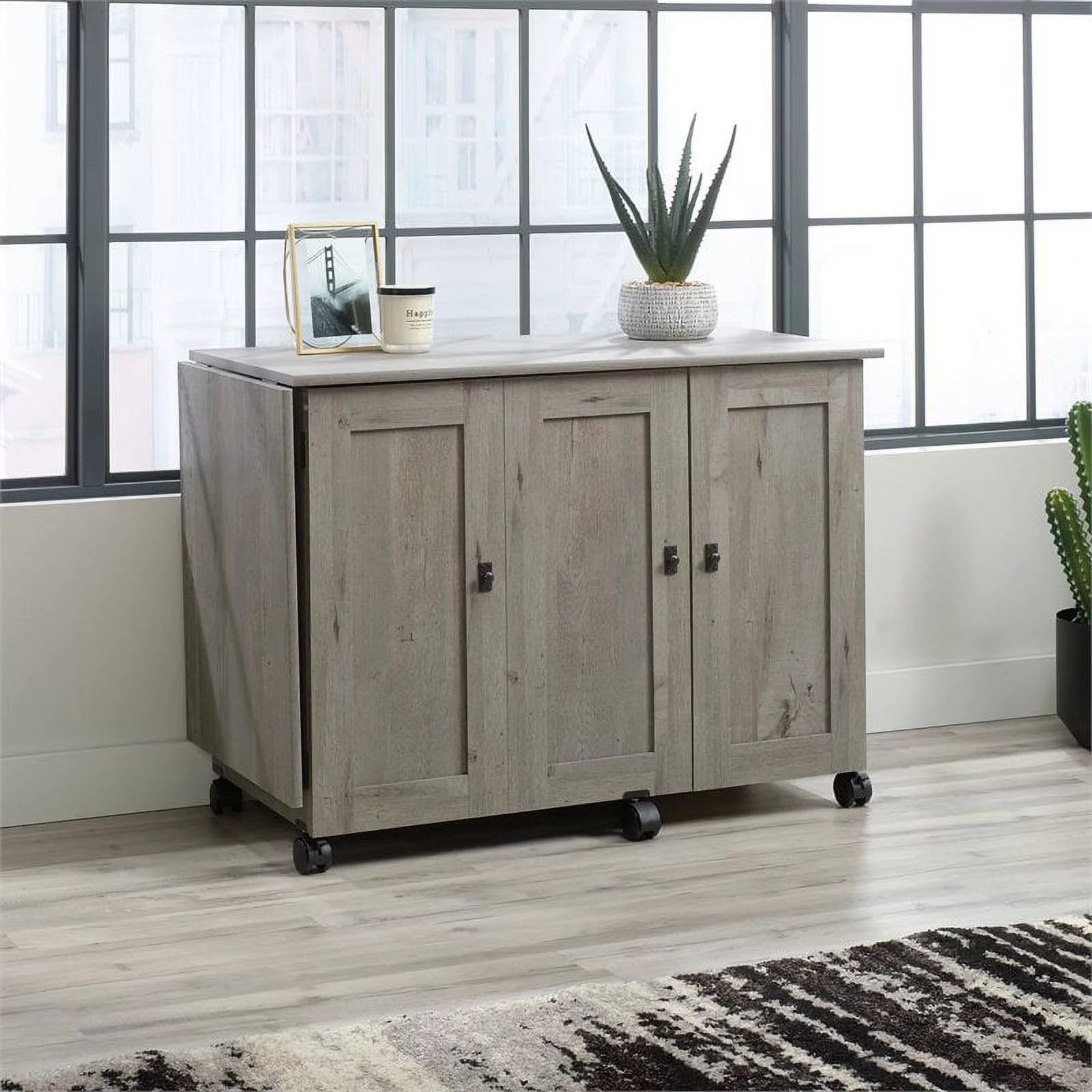 Pemberly Row Contemporary Engineered Wood Sewing Craft Table Oak A45888