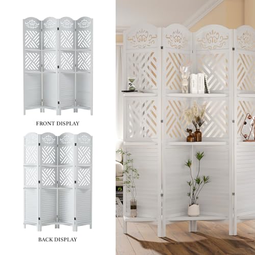Folding Wood Room Divider with Shelves, 6 Panels, Natural K301