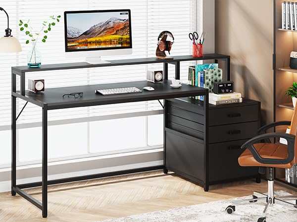 Tribesigns 63 Inch Computer Desk with File Drawer Cabinet, Monitor Stand R256671
