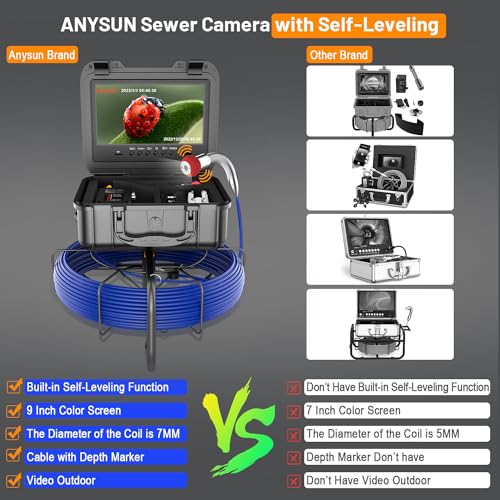 Anysun 9" HD Self-Leveling Sewer Camera 100FT with DVR Recorder V8857