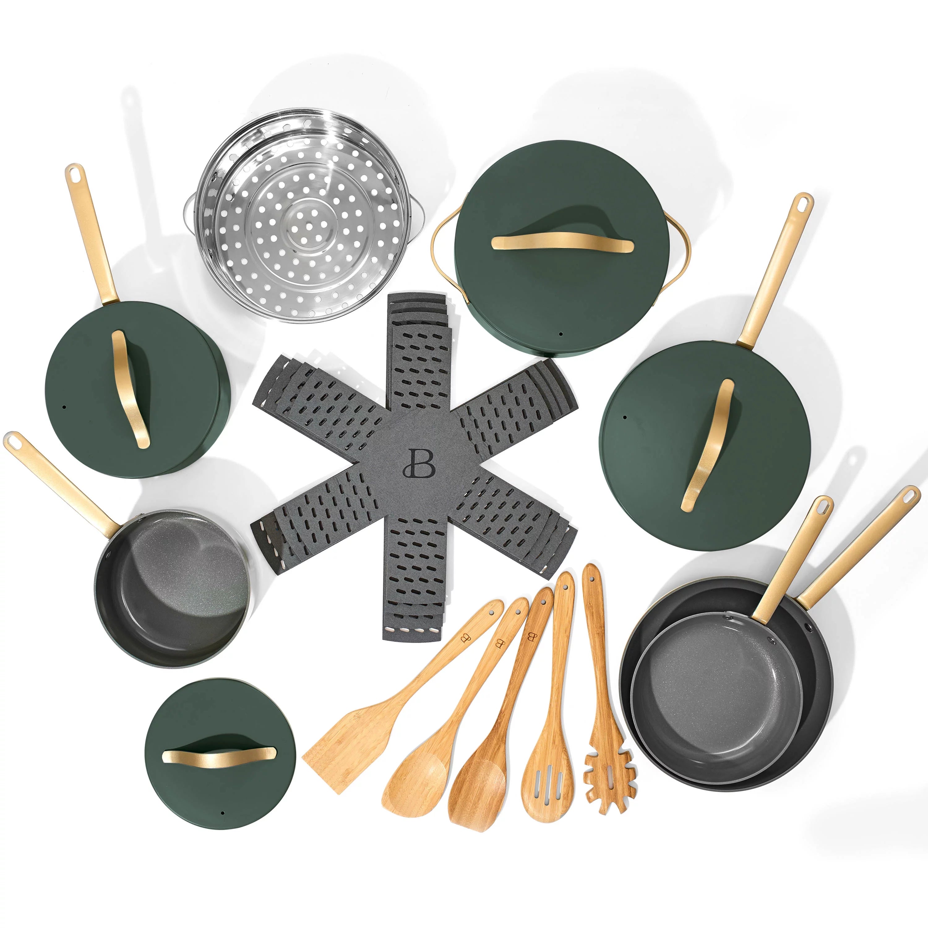 Beautiful 20pc Ceramic Non-Stick Cookware Set, Thyme Green by Drew Barrymore Y656