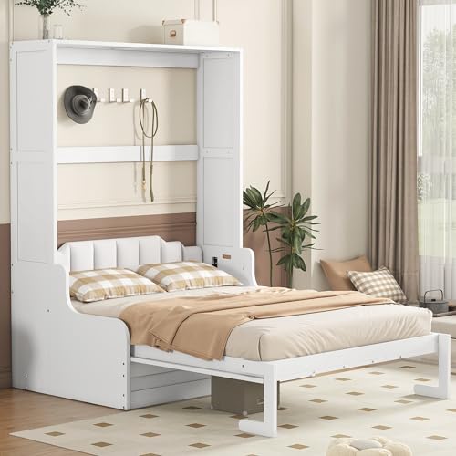 Merax Queen Murphy Bed Wall Bed with Sofa and Cushion, White V57291